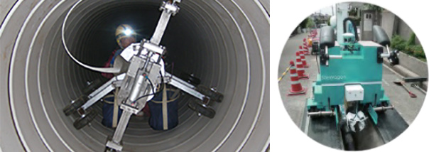 左：管機を用い老朽化した中大口径管渠（かんきょ）を開削せずスピーディーによみがえらせる「ダンビー工法」 右：水道管の接合作業やチェック作業などを1台で可能にし、工事の効率化を図る「サイトワゴン」