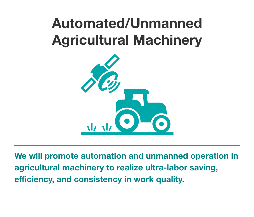Automated/Unmanned Agricultural Machinery We will promote automation and unmanned operation in agricultural machinery to realize ultra-labor saving, efficiency, and consistency in work quality.