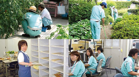 (Clockwise from top left) Vegetable gardening, Cleaning Department (Osaka), Printing Department (Osaka), Mail Department (Amagasaki City, Hyogo Prefecture)